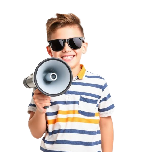 Boy with megaphone announcing sale